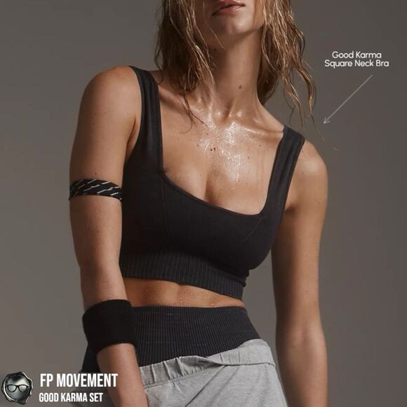 FP MOVEMENT GOOD KARMA SET BLACK SQUARE NECK BRA + TOASTED COCONUT FLARE LEGGING - Picture 4 of 15